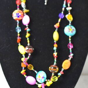 Hippy Dippy Fun Double Layer Multi Color/Shapes/Style Beaded Slver Tone Necklace